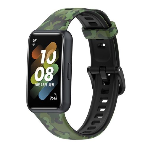 Pattern Printing Watch Strap for Huawei Band 7, Adjustable TPU Wrist Band Replacement Bracelet - Camouflage Green