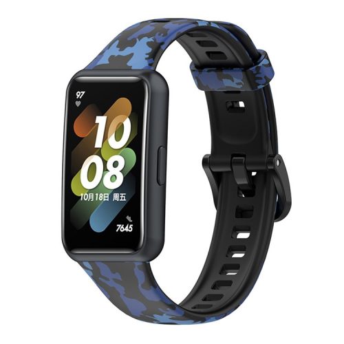 Pattern Printing Watch Strap for Huawei Band 7, Adjustable TPU Wrist Band Replacement Bracelet - Camouflage Blue