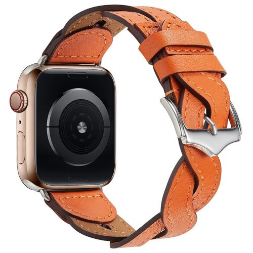 A030 For Apple Watch Series 10 46mm / Ultra 2 Ultra 49mm / 9 8 7 45mm / SE (2023) SE (2022) SE 6 5 4 44mm / 3 2 1 42mm Woven Design Watch Band Top Layer Cowhide Leather Replacement Strap - Orange