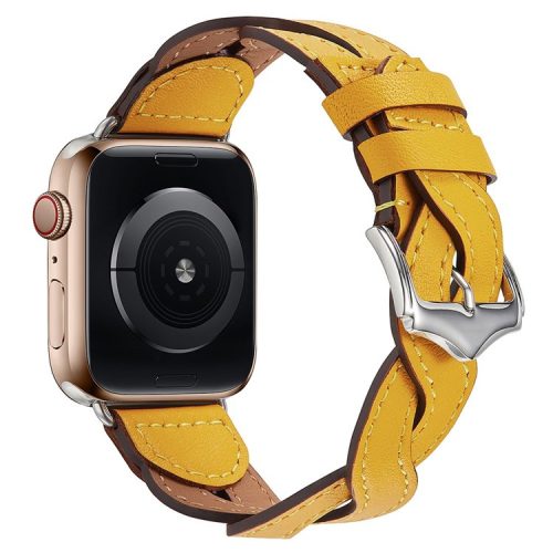 A030 For Apple Watch Series 10 46mm / Ultra 2 Ultra 49mm / 9 8 7 45mm / SE (2023) SE (2022) SE 6 5 4 44mm / 3 2 1 42mm Woven Design Watch Band Top Layer Cowhide Leather Replacement Strap - Yellow