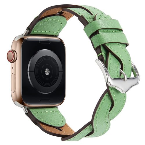 A030 For Apple Watch Series 10 46mm / Ultra 2 Ultra 49mm / 9 8 7 45mm / SE (2023) SE (2022) SE 6 5 4 44mm / 3 2 1 42mm Woven Design Watch Band Top Layer Cowhide Leather Replacement Strap - Green