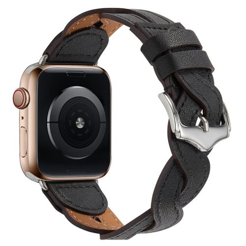 A030 For Apple Watch Series 10 42mm / 9 8 7 41mm / 6 5 4 SE SE (2022) SE (2023) 40mm / 3 2 1 38mm Stylish Woven Design Watch Strap Top Layer Cowhide Leather Adjustable Wrist Band - Black