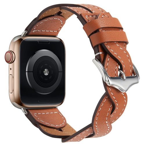 A030 For Apple Watch Series 10 42mm / 9 8 7 41mm / 6 5 4 SE SE (2022) SE (2023) 40mm / 3 2 1 38mm Stylish Woven Design Watch Strap Top Layer Cowhide Leather Adjustable Wrist Band - Brown