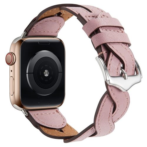 A030 For Apple Watch Series 10 42mm / 9 8 7 41mm / 6 5 4 SE SE (2022) SE (2023) 40mm / 3 2 1 38mm Stylish Woven Design Watch Strap Top Layer Cowhide Leather Adjustable Wrist Band - Pink