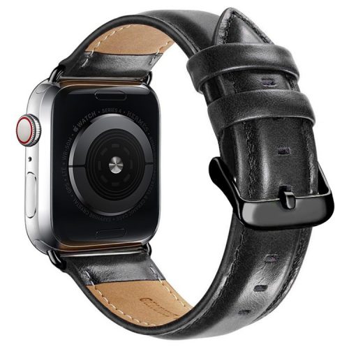 A011 For Apple Watch Series 10 46mm / Ultra 2 Ultra 49mm / 9 8 7 45mm / SE (2023) SE (2022) SE 6 5 4 44mm / 3 2 1 42mm Crazy Horse Texture Cowhide Leather Wrist Band Smartwatch Replacement Strap - Black