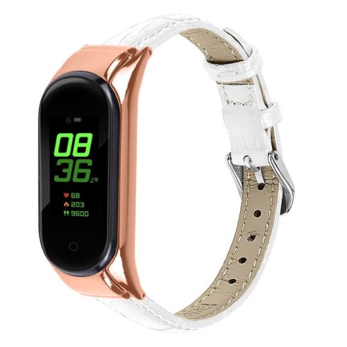 For Xiaomi Mi Band 7 Bamboo Grain Top Layer Cowhide Leather Buckle Design Watch Band with Rose Gold Watch Cover - White