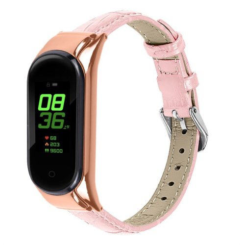 For Xiaomi Mi Band 7 Bamboo Grain Top Layer Cowhide Leather Buckle Design Watch Band with Rose Gold Watch Cover - Pink