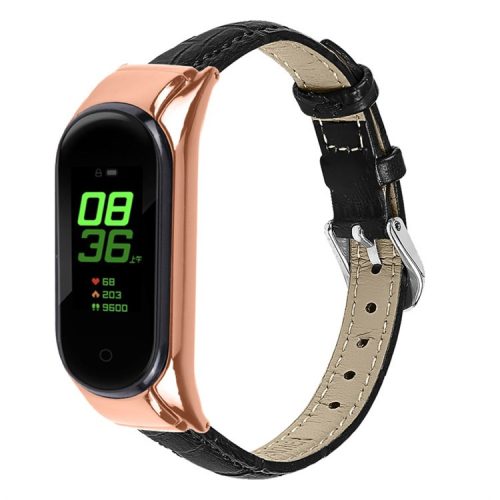 For Xiaomi Mi Band 7 Bamboo Grain Top Layer Cowhide Leather Buckle Design Watch Band with Rose Gold Watch Cover - Black