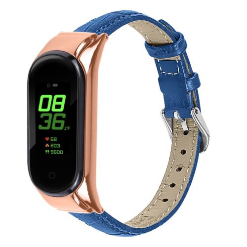 For Xiaomi Mi Band 7 Bamboo Grain Top Layer Cowhide Leather Buckle Design Watch Band with Rose Gold Watch Cover - Blue