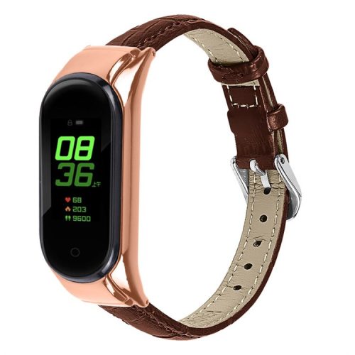 For Xiaomi Mi Band 7 Bamboo Grain Top Layer Cowhide Leather Buckle Design Watch Band with Rose Gold Watch Cover - Brown