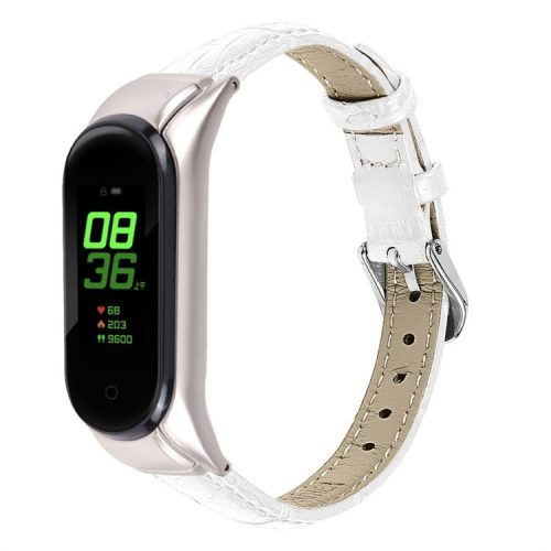 For Xiaomi Mi Band 7 Buckle Design Top Layer Cowhide Leather Bamboo Grain Adjustable Watch Band with Silver Protective Cover - White