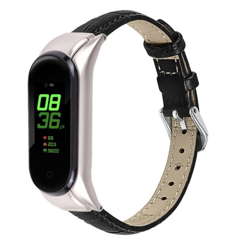 For Xiaomi Mi Band 7 Buckle Design Top Layer Cowhide Leather Bamboo Grain Adjustable Watch Band with Silver Protective Cover - Black