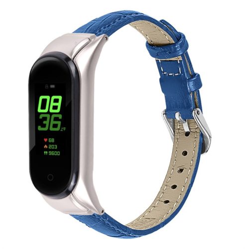 For Xiaomi Mi Band 7 Buckle Design Top Layer Cowhide Leather Bamboo Grain Adjustable Watch Band with Silver Protective Cover - Blue