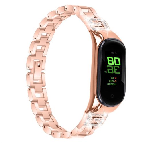 For Xiaomi Mi Band 7 G Letter Rhinestones Decor Stainless Steel Watch Strap Replacement Wrist Band - Rose Gold