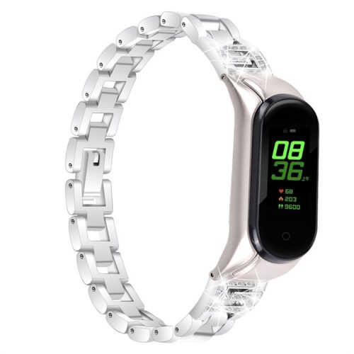 For Xiaomi Mi Band 7 G Letter Rhinestones Decor Stainless Steel Watch Strap Replacement Wrist Band - Silver