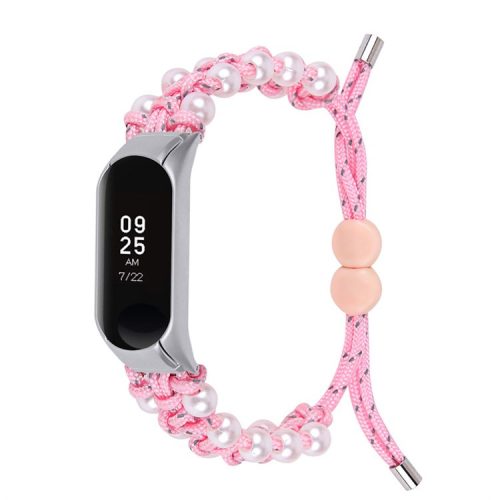 For Xiaomi Mi Band 7 Pearl Woven Watch Band Adjustable Nylon Stylish Wrist Strap Replacement - Pink