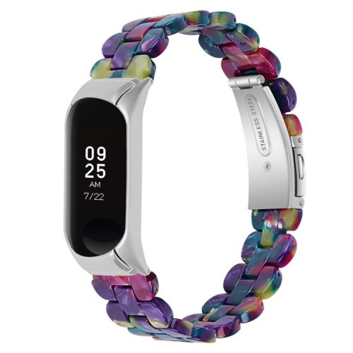 For Xiaomi Mi Band 7 Oval Resin Watchband Stainless Steel Buckle Strap Replacement - Purple/Green Flower