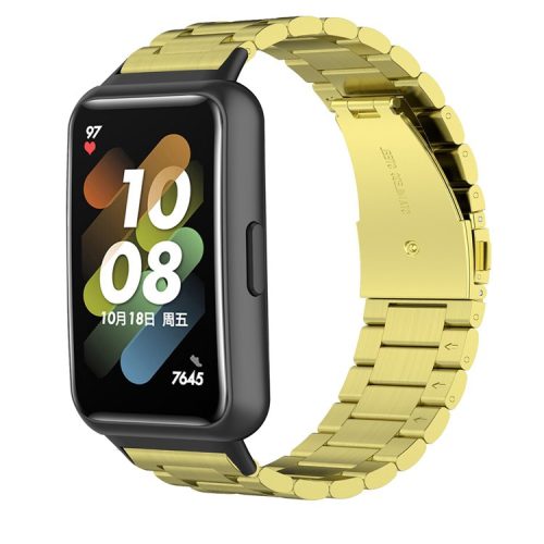 For Huawei Band 7 Stainless Steel Smart Watch Band Three Beads Replacement Strap with Folding Buckle - Gold