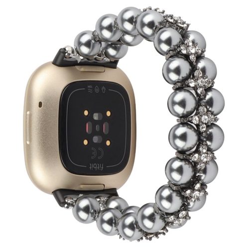 For Fitbit Versa 3 / Sense Two Rows Rhinestone Pearl Bracelet Wrist Strap Replacement Smart Watch Band - Black