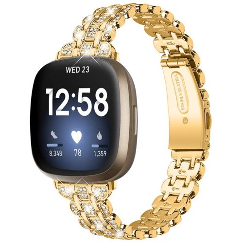 For Fitbit Versa 3 / Fitbit Sense Rhinestone Decor Metal Smart Watch Band Buckle Design Watch Strap - Gold