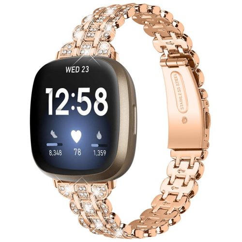 For Fitbit Versa 3 / Fitbit Sense Rhinestone Decor Metal Smart Watch Band Buckle Design Watch Strap - Rose Gold