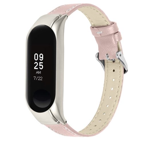 For Xiaomi Mi Band 7 Genuine Cowhide Leather Watch Band Adjustable Wrist Strap with Silver Watch Case - Pink