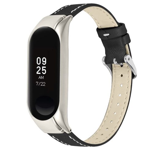 For Xiaomi Mi Band 7 Genuine Cowhide Leather Watch Band Adjustable Wrist Strap with Silver Watch Case - Black