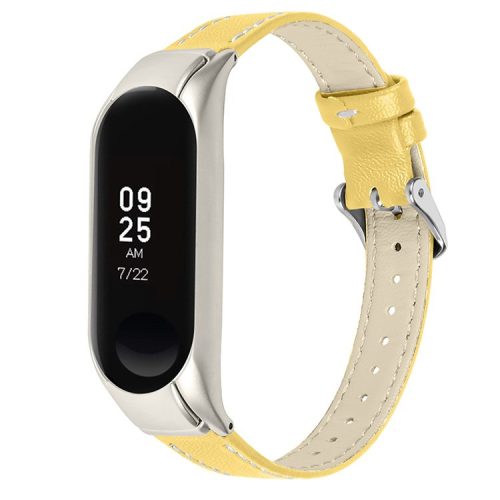 For Xiaomi Mi Band 7 Genuine Cowhide Leather Watch Band Adjustable Wrist Strap with Silver Watch Case - Yellow