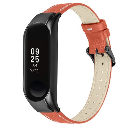 For Xiaomi Mi Band 7 Genuine Cowhide Leather Watch Strap Replacement Watchband with Black Watch Case - Orange