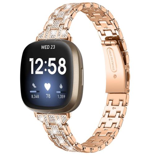 For Fitbit Versa 3 / Sense 5 Rows Rhinestone Stainless Steel Double Buckle Watch Band Wrist Strap - Rose Gold