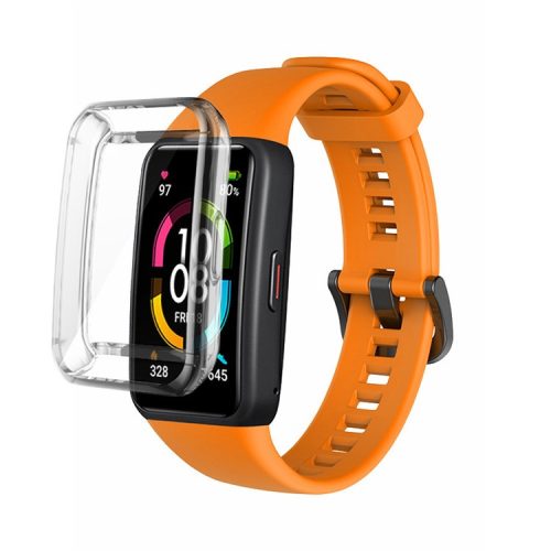 For Huawei Band 6 Soft Silicone Sports Wristband with Transparent TPU Case Full Around Bumper Frame Cover - Orange