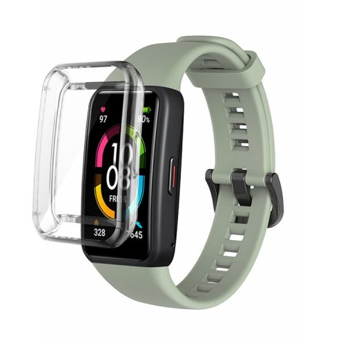 For Huawei Band 6 Soft Silicone Sports Wristband with Transparent TPU Case Full Around Bumper Frame Cover - Grey Green