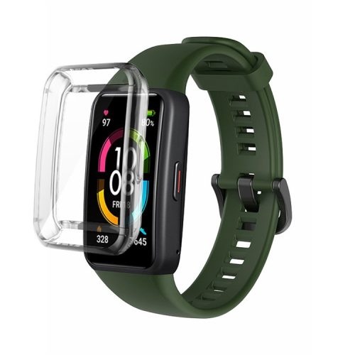 For Huawei Band 6 Soft Silicone Sports Wristband with Transparent TPU Case Full Around Bumper Frame Cover - Blackish Green