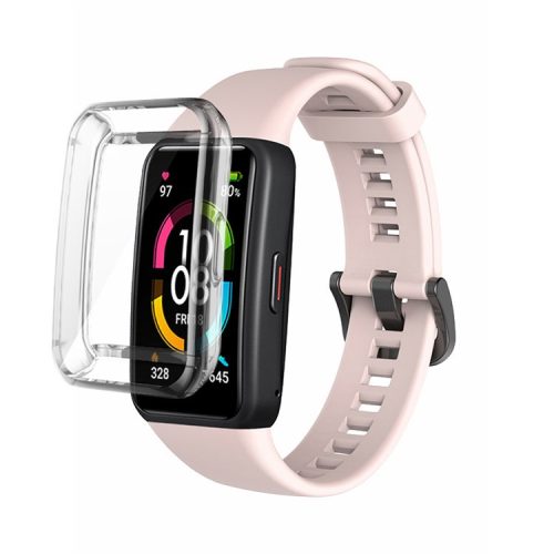 For Huawei Band 6 Soft Silicone Sports Wristband with Transparent TPU Case Full Around Bumper Frame Cover - Light Pink