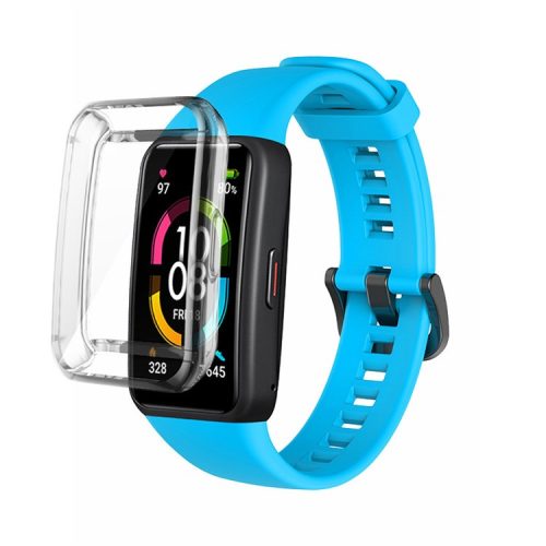 For Huawei Band 6 Soft Silicone Sports Wristband with Transparent TPU Case Full Around Bumper Frame Cover - Sky Blue