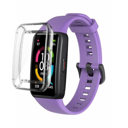 For Huawei Band 6 Soft Silicone Sports Wristband with Transparent TPU Case Full Around Bumper Frame Cover - Lilac Purple