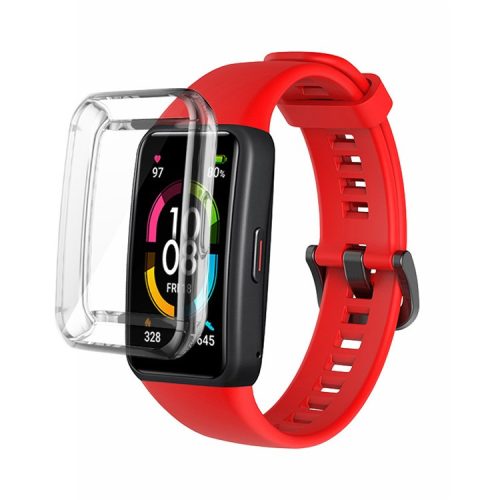 For Huawei Band 6 Soft Silicone Sports Wristband with Transparent TPU Case Full Around Bumper Frame Cover - Red