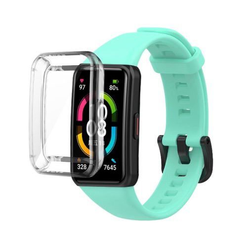 For Huawei Band 6 Soft Silicone Sports Wristband with Transparent TPU Case Full Around Bumper Frame Cover - Teal Green