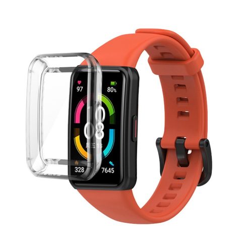 For Huawei Band 6 Soft Silicone Sports Wristband with Transparent TPU Case Full Around Bumper Frame Cover - Red Orange