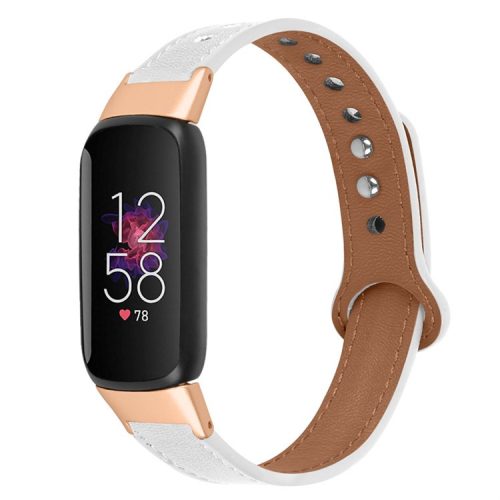 For Fitbit Luxe Smart Watch Adjustable Top Layer Cowhide Strap Replacement Wrist Band with Double Rivet, Rose Gold Connector - White