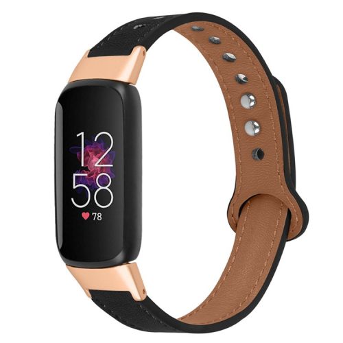 For Fitbit Luxe Smart Watch Adjustable Top Layer Cowhide Strap Replacement Wrist Band with Double Rivet, Rose Gold Connector - Black