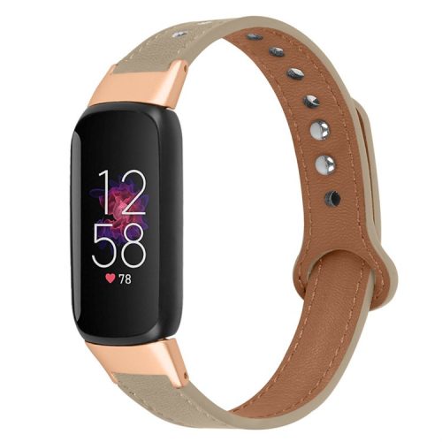 For Fitbit Luxe Smart Watch Adjustable Top Layer Cowhide Strap Replacement Wrist Band with Double Rivet, Rose Gold Connector - Light Brown