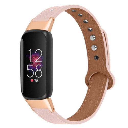 For Fitbit Luxe Smart Watch Adjustable Top Layer Cowhide Strap Replacement Wrist Band with Double Rivet, Rose Gold Connector - Light Pink