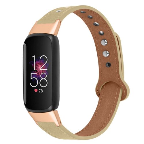 For Fitbit Luxe Smart Watch Adjustable Top Layer Cowhide Strap Replacement Wrist Band with Double Rivet, Rose Gold Connector - Light Apricot