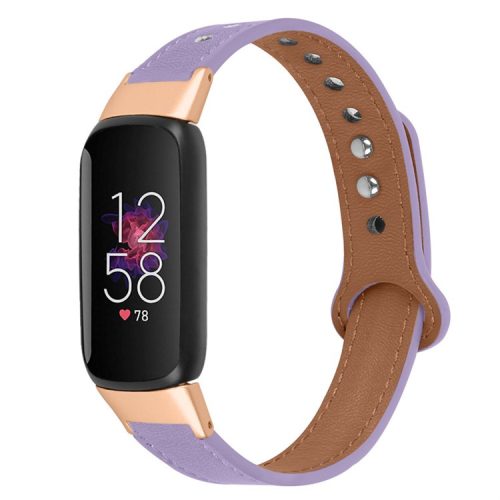 For Fitbit Luxe Smart Watch Adjustable Top Layer Cowhide Strap Replacement Wrist Band with Double Rivet, Rose Gold Connector - Light Purple