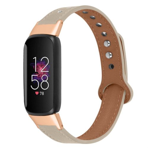 For Fitbit Luxe Smart Watch Adjustable Top Layer Cowhide Strap Replacement Wrist Band with Double Rivet, Rose Gold Connector - Ivory White