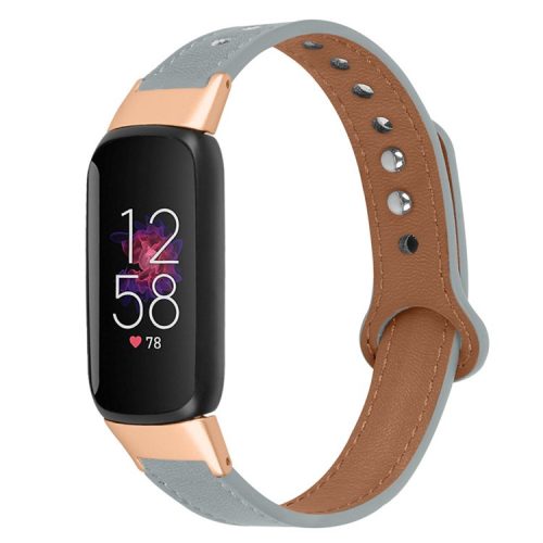 For Fitbit Luxe Smart Watch Adjustable Top Layer Cowhide Strap Replacement Wrist Band with Double Rivet, Rose Gold Connector - Grey