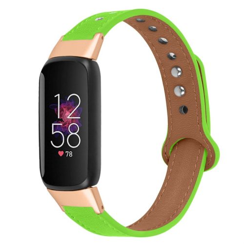 For Fitbit Luxe Smart Watch Adjustable Top Layer Cowhide Strap Replacement Wrist Band with Double Rivet, Rose Gold Connector - Fluorescent Green