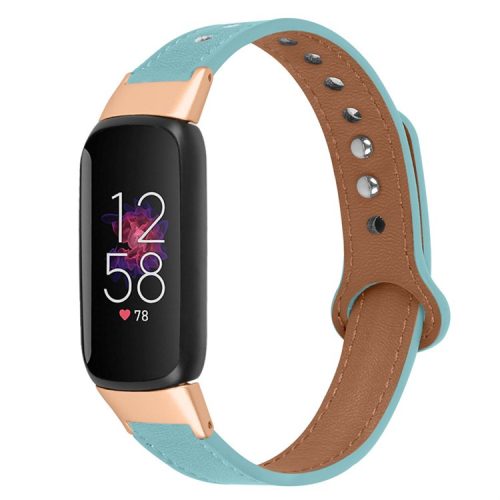 For Fitbit Luxe Smart Watch Adjustable Top Layer Cowhide Strap Replacement Wrist Band with Double Rivet, Rose Gold Connector - Blue