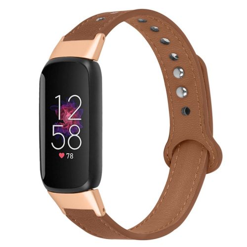 For Fitbit Luxe Smart Watch Adjustable Top Layer Cowhide Strap Replacement Wrist Band with Double Rivet, Rose Gold Connector - Brown